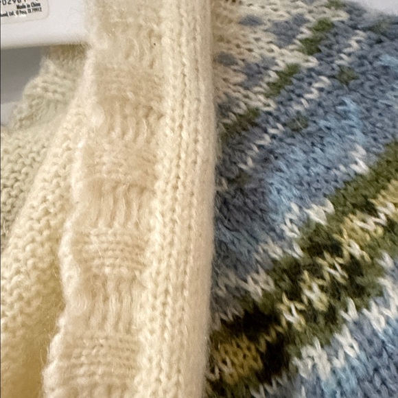 Eddie Bauer Sweater sz M Wool Mohair Blend Hooded Nordic Fair Isle ivory blue
